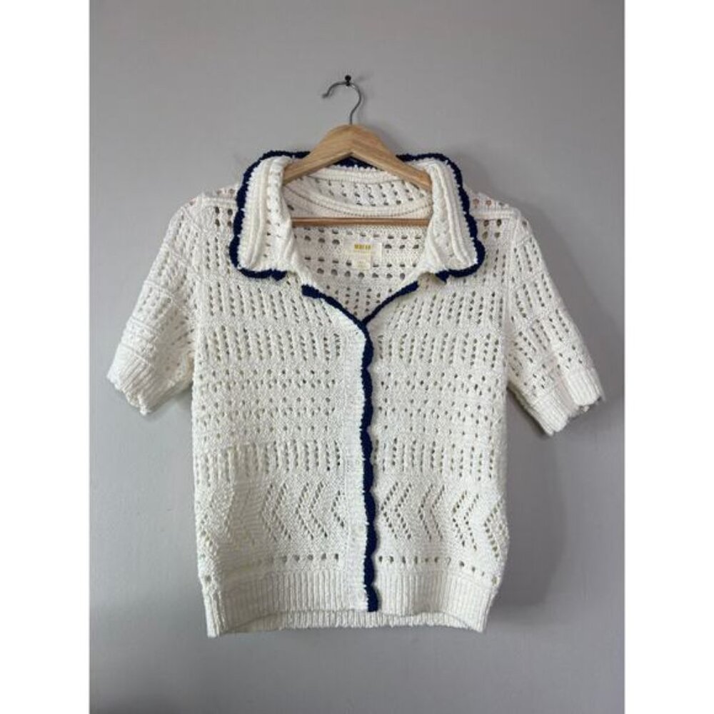 NEW Maeve Short-Sleeve Open-Stitch Polo Cardigan Sweater Top Cream Size: Small - Picture 2 of 8